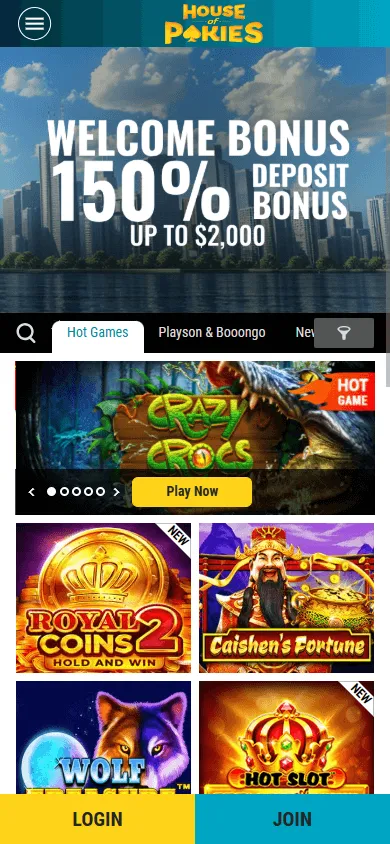 House Of Pokies Casino home on a mobile browser