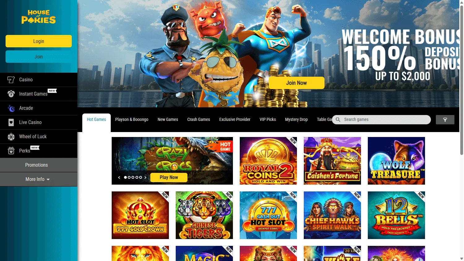 House Of Pokies Casino home on desktop